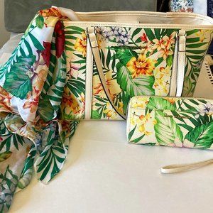 Dana Buchman Tropical print Tote bag with matching wallet, and scarf set
